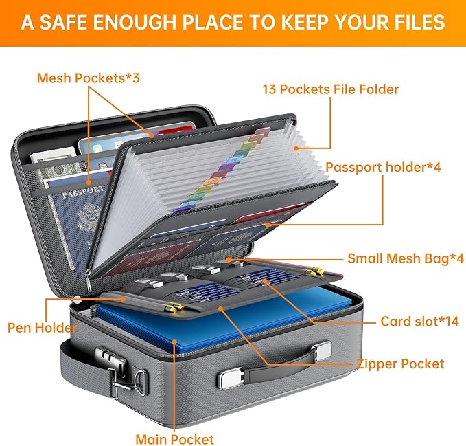 DocSafe Fireproof Document Box with Lock＆Shoulder Strap,Hard Case File Organizer with Accordion File Folder,Multi-Layer Porta