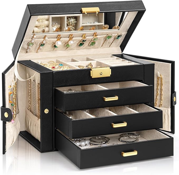 AKOZLIN Large 4-Tier Jewelry Box Leather Jewelry Storage Organizer with 3 Drawers Lockable for Women Girls Ring Necklace Earr