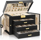 AKOZLIN Large 4-Tier Jewelry Box Leather Jewelry Storage Organizer with 3 Drawers Lockable for Women Girls Ring Necklace Earr