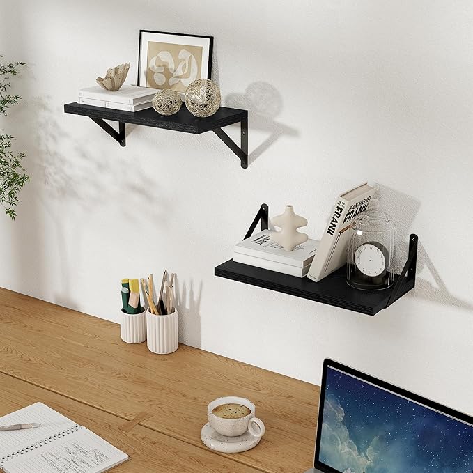 Floating Shelves, 8 Inch Deep Rustic Wood Wall Storage, 16W x 8D Wall Shelves Set of 2, Heavy Duty Metal Brackets, Industrial