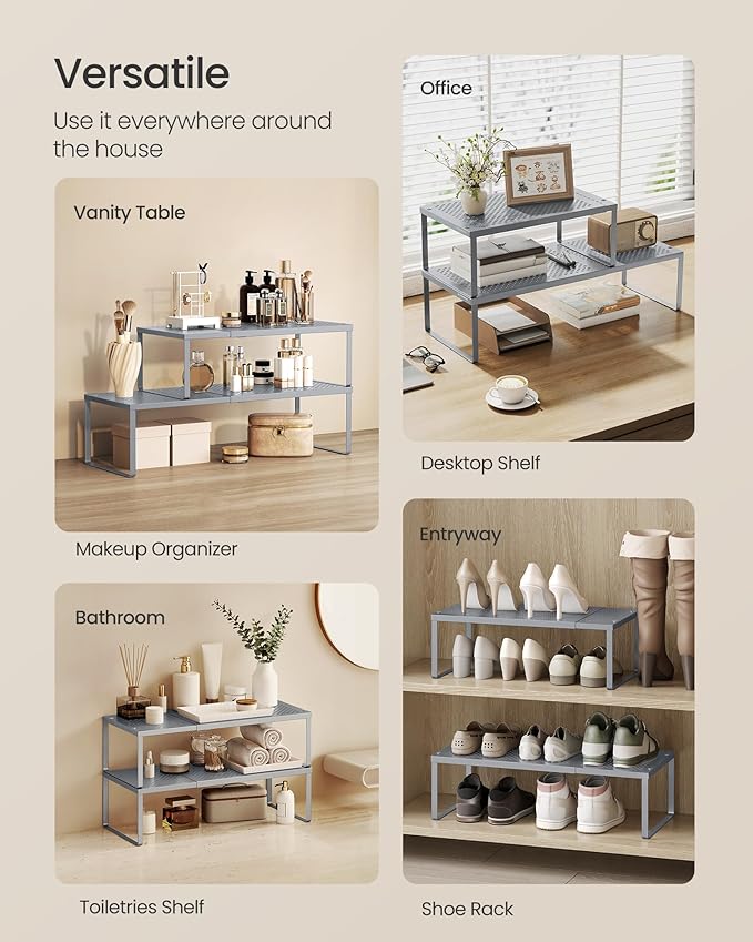 SONGMICS Spice Racks, Set of 2 Expandable Kitchen Countertop Shelves, Small Cupboard Organizers, Metal, Space-Saving Tabletop