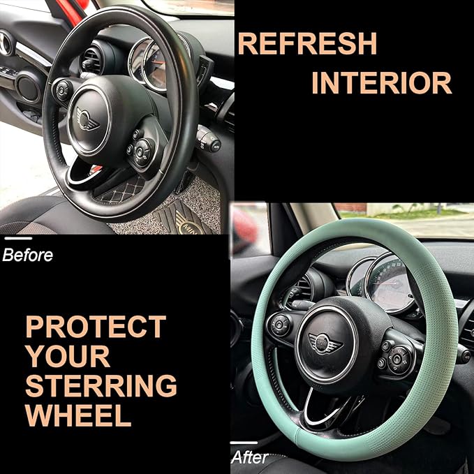 PINCTROT Large Size Nappa Leather Steering Wheel Cover, Slim Fit No Bulk Design, One Piece Leather with Breathable Perforatio