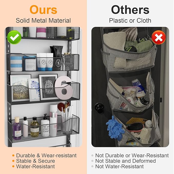Over the Door Organizer, 2 in 1 Metal Hanging Closet Organizer & Hat Rack with 4 Adjustable Baskets, 8 Hooks, 10 Clips, Behin