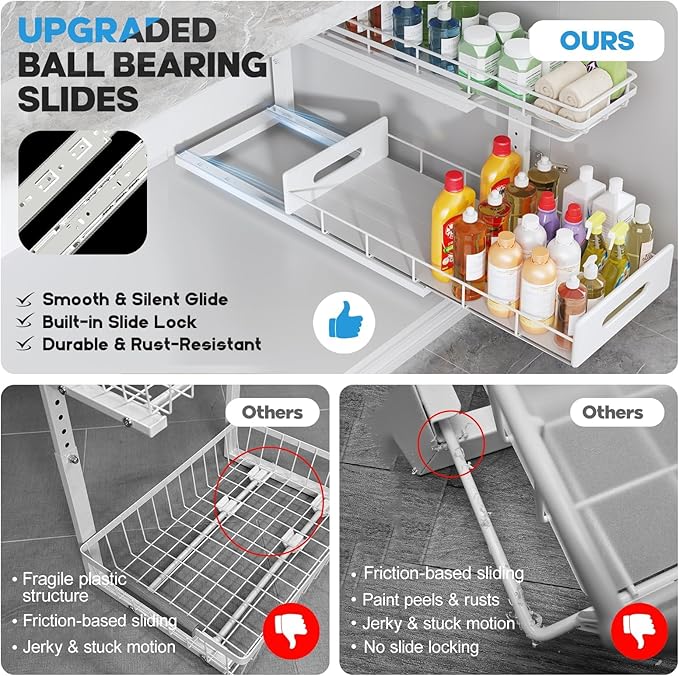 Under Sink Organizer Upgrade To Professional Rails,2-Tier Dual Pull Out Cabinet Storage,Height Adjustable Slide Out Drawers F