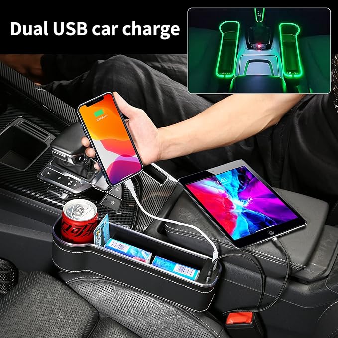 7 Color Led Car Seat Gap Organizer with 56W Fast Charger Car Console Organizer with Cup Holder Front Seat Gap Filler with USB Between Seat Cup Holder fit for Android iPhone (Black)