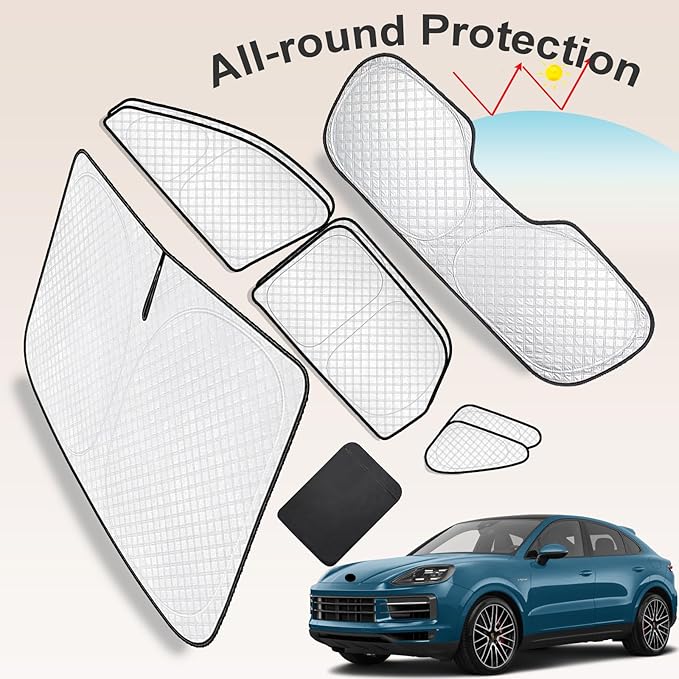 KMF 8pcs Thicken Sun Shades for Porsche Cayenne 2019-2025 Accessories,Full Car Window Covers Sunshade for Windshield Side Rear, UV Block and Protect Privacy Blackout for Car Camping