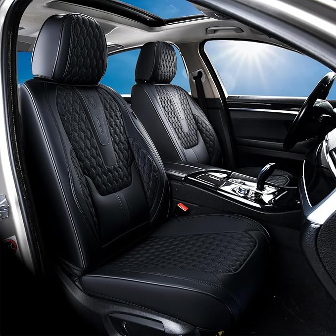 Coverado Car Seat Covers Full Set, Black Seat Covers for Car with Lumbar Support, Nappa Leather Seat Covers Waterproof Car Se