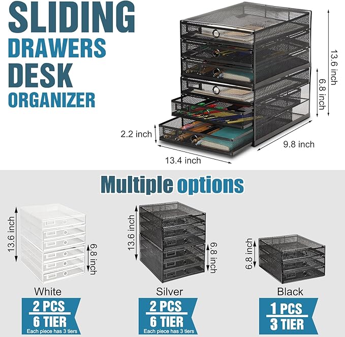 Zhanmai 1 Pack Black Desk Organizer with Drawer Total Wire Mesh Storage Tray Multifunctional Paper Sorter File Stand for Home