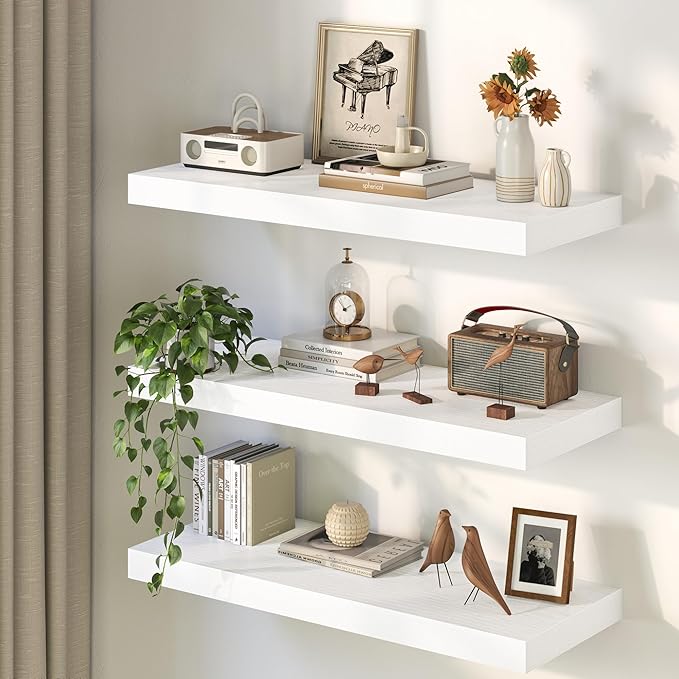 36Inch White Floating Shelves for Wall, 12 Inch Deep Shelves for Bedroom, Kitchen, Bathroom Wall Mounted, Rustic Wood Floatin