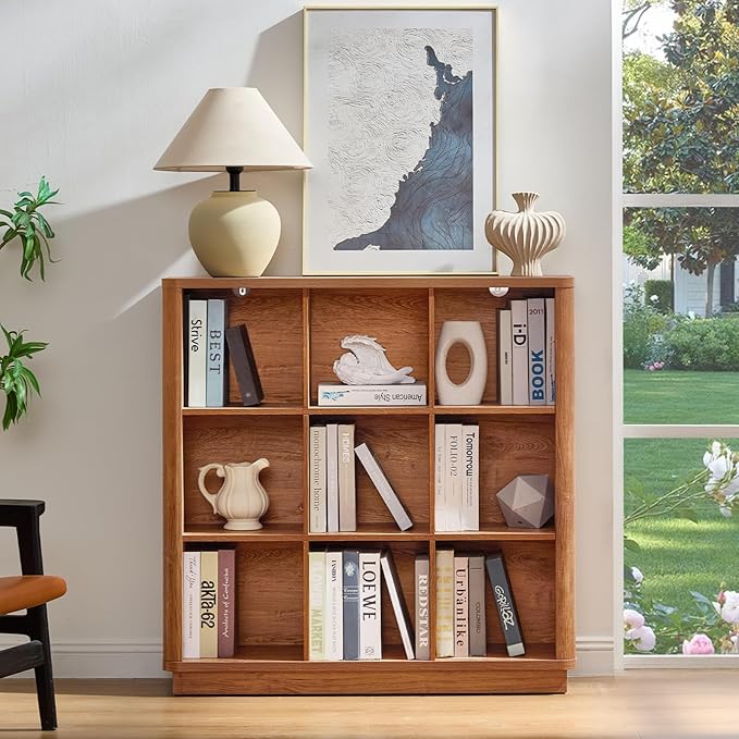 Joaxswe 9 Cube Storage Book Shelf, 40.5" Wide Organizer Bookshelf with Curved Edge, Wood Floor Standing 3-Tier Cubby Bookcase