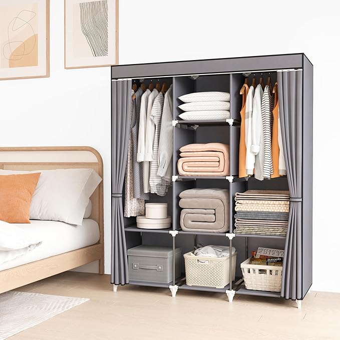Portable Closet, 51 Inch Wardrobe Closet for Hanging Clothes with 2 Hanging Rods, 8 Storage Organizer Shelves for Bedroom, Du