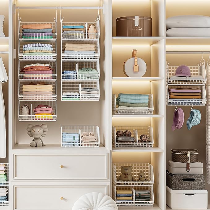 Jautokerdar 6 Tier Extra Large Hanging Closet Organizer, Closet Storage Hanging with Dividers, Wire Closet Shelf with 5 S Hoo