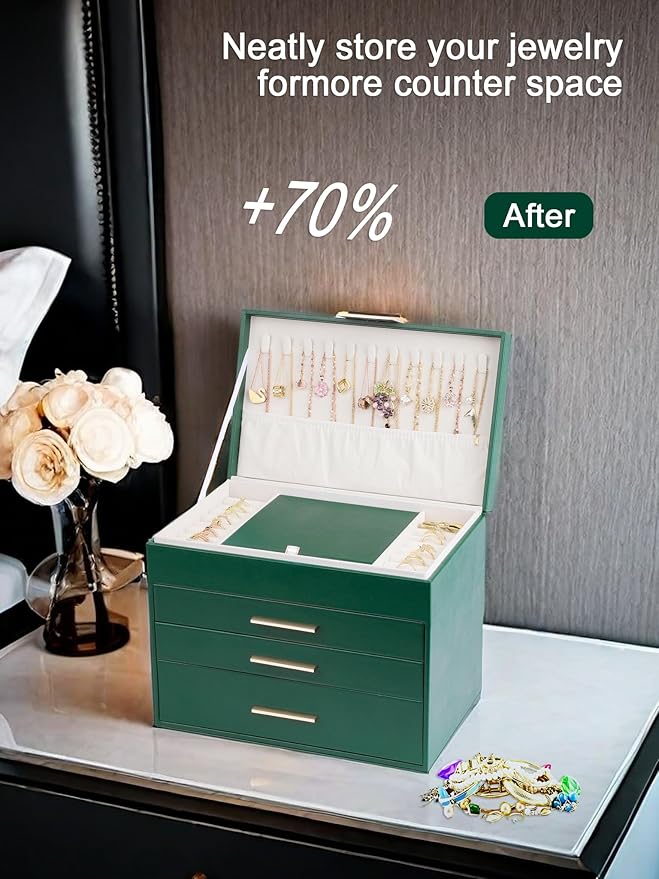 BOOVO Jewelry Boxes for Women, 5 Layer Jewelry Organizer with Necklace Hanger and Drawers, Large Jewelry Box for Earrings, Ne