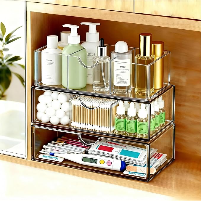 Medicine Cabinet Organizer with Removable Dividers, 3-Tier Stackable Drawer Storage for Bathroom, RV, Vanity, Countertop & De