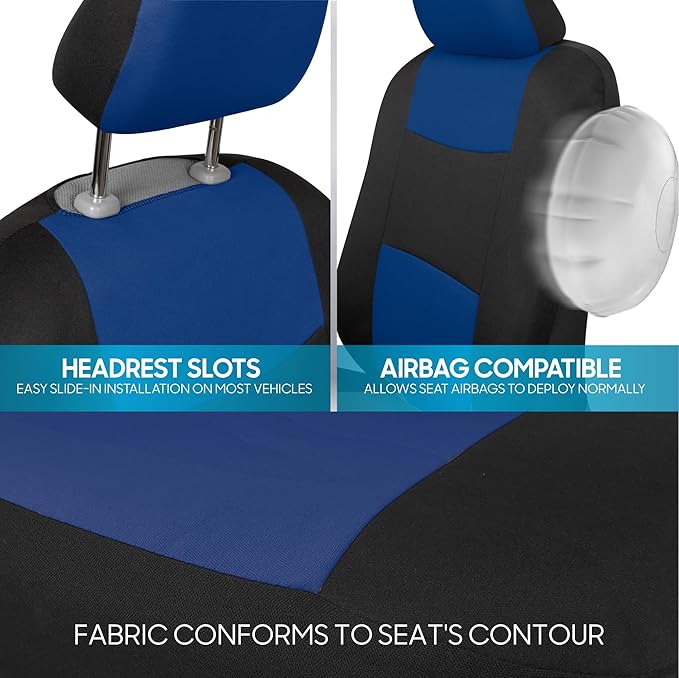 BDK PolyPro Car Seat Covers Full Set in Blue on Black, Front and Rear Split Bench Seat Covers for Cars, Easy to Install Car S