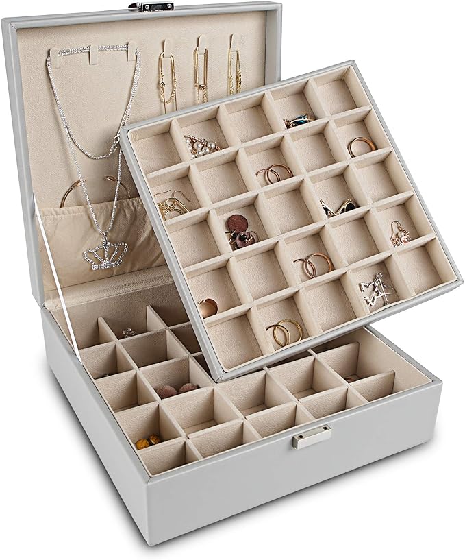 Frebeauty Earring Organizer Classic Jewelry Box 50 Slots Double Layer Jewelry Storage Case with 6 Necklace Hook and Bracelet 