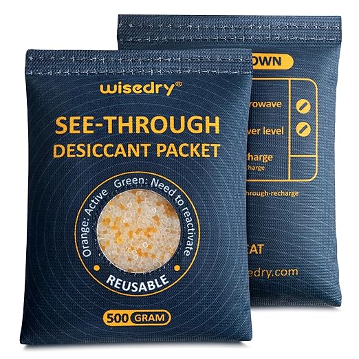 wisedry 2 x 500 Gram See-Through Silica Gel Desiccant Packets, Large Capacity Moisture Absorbers Bags, Color-Indicating Desic