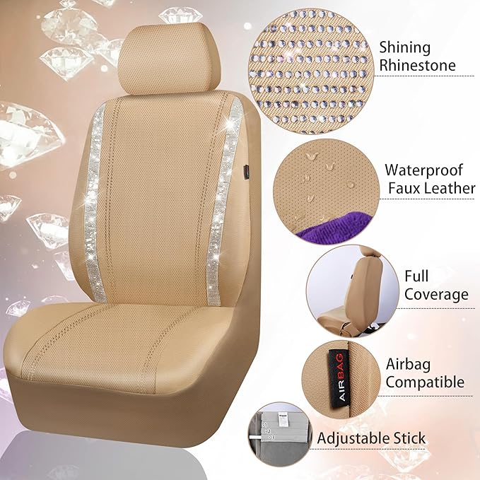 CAR PASS Leather Bling Diamond Car Seat Covers 2 Front Interior Sets, Waterproof Universal Shining Glitter Crystal Sparkle Fit for 95% Automotive Truck SUV Cute Women Girl, Beige Rhinestone