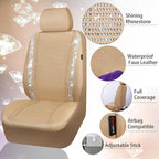 CAR PASS Bling Diamond Car Seat Covers Full Set, Shining Glitter Rhinestone Waterproof Faux Leather Interior Sets Universal Fit Automotive Glitter Crystal Sparkle Strips for Cute Women Girl, Beige