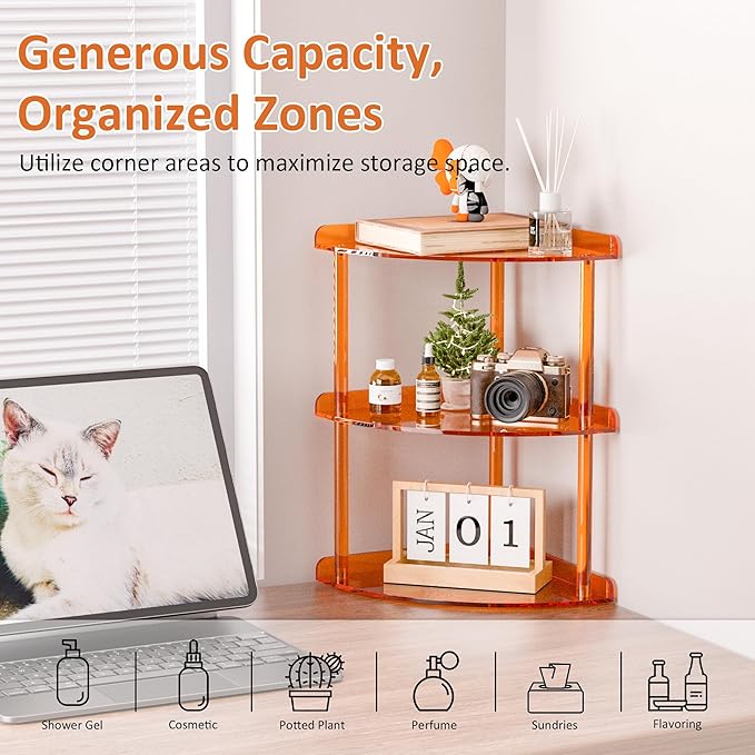 Sezanrpt 3 Tier Acrylic Corner Shelf Organizer Storage 9.5x9.5x15.7 Inch, Orange Countertop Corner Shelf for Bathroom, Kitche