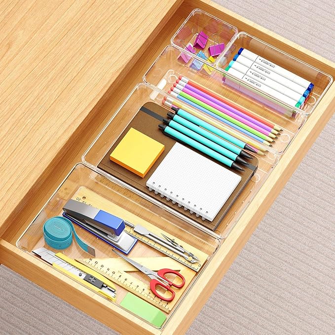Manalete Drawer Organizers Set of 65, 4 Sizes Clear Plastic Drawer Organizers and Storage Bins for Kitchen, Bathroom, Office,