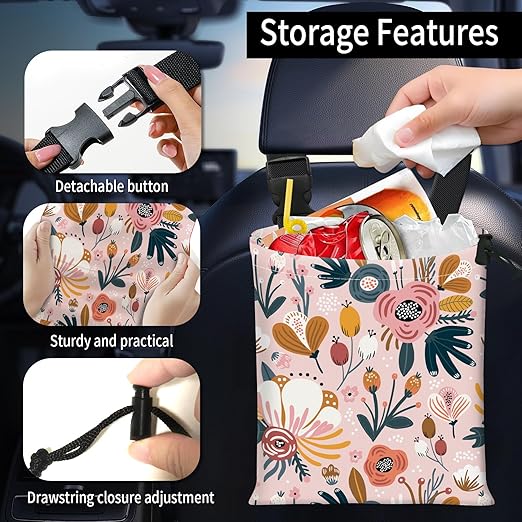 Car Trash Bag Large Hanging Can for Back of Seat, Cute Waterproof Car Garbage Bag for Vehicle, Travelling, Outdoor Cute Boho Pink Floral