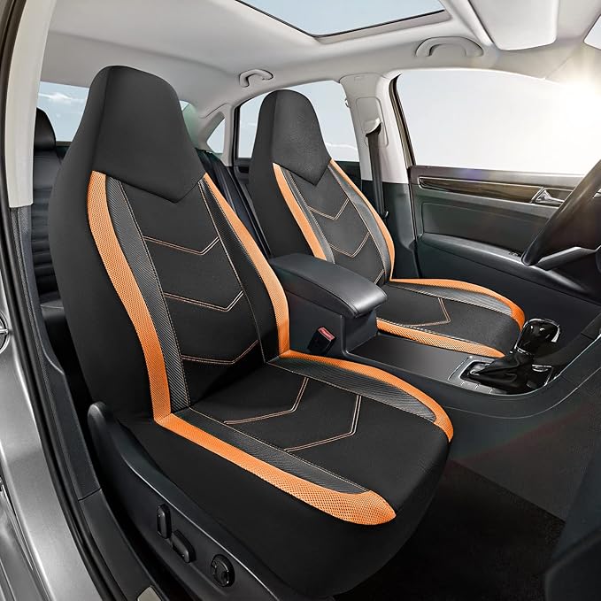 PIC AUTO High Back Front Car Seat Covers - Sports Carbon Fiber Mesh Design, Two Front Set, Airbag Compatible, Universal Fit f