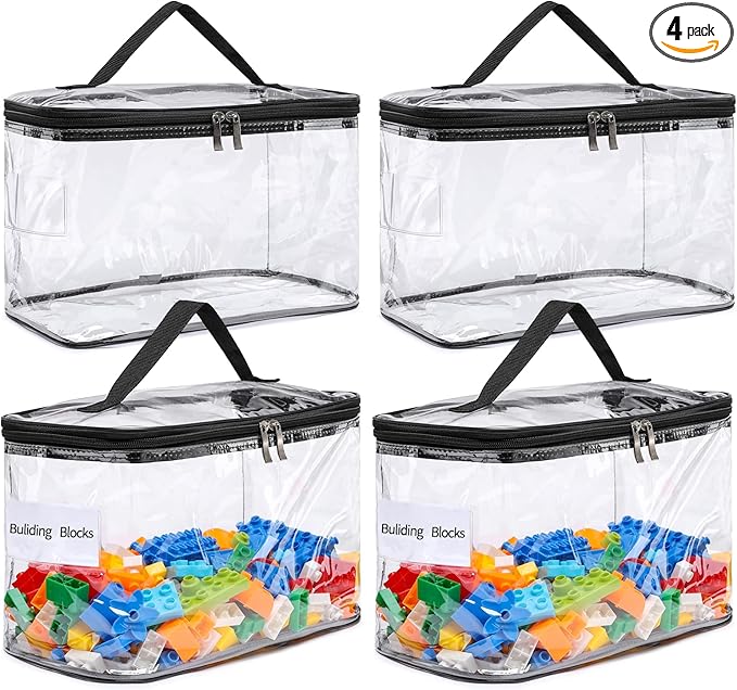 4-Pack Large Clear Storage Bag for Toys with Name Tag, Waterproof PVC Toy Organizer Case for Legos Bricks, Building Blocks, P