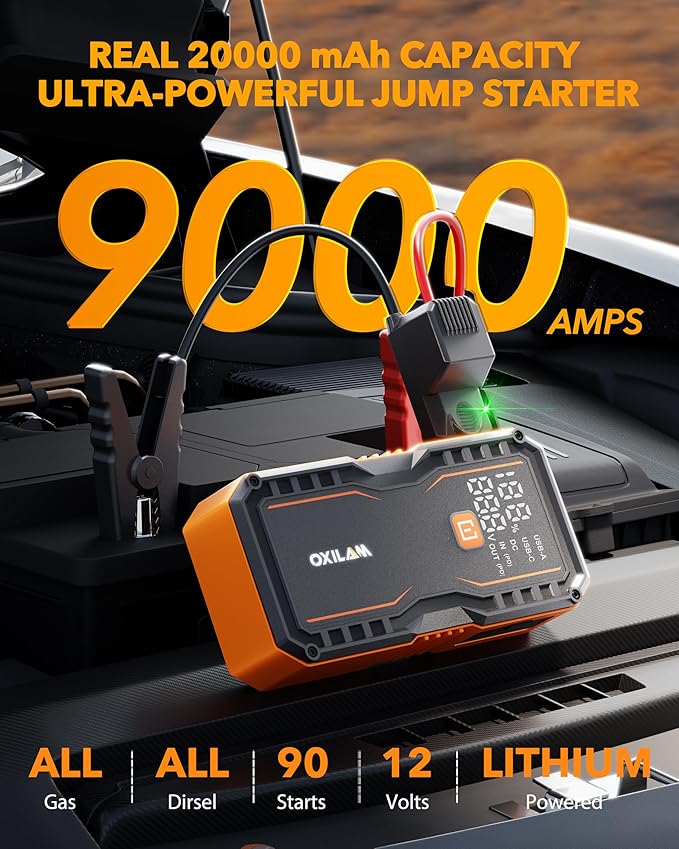 OXILAM 20000mAh Jump Starter for All Gas & Diesel Engines, 9000A Battery Jumper Starter Portable, 12V Jump Box with Quick