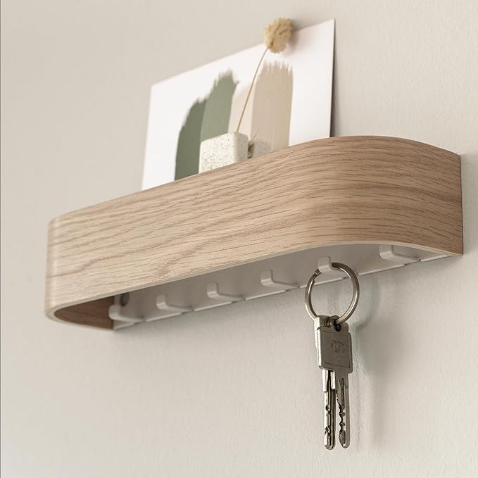 Kazai.® Key Holder 'Toke' | Minimalist Key Hook Design from Berlin | Modern Key Holder Wall Mount with Wooden Shelf | Key Rac