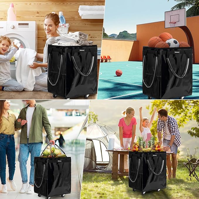(Large, Black) Reusable Grocery Bag on 5 Wheels, Foldable Rolling Tote Carries Up to 76lb Shopping Trolley, Rolling Bag with 3 Handles, Zipper Clouser Rolling Tote Bag with Wheels for Laundry