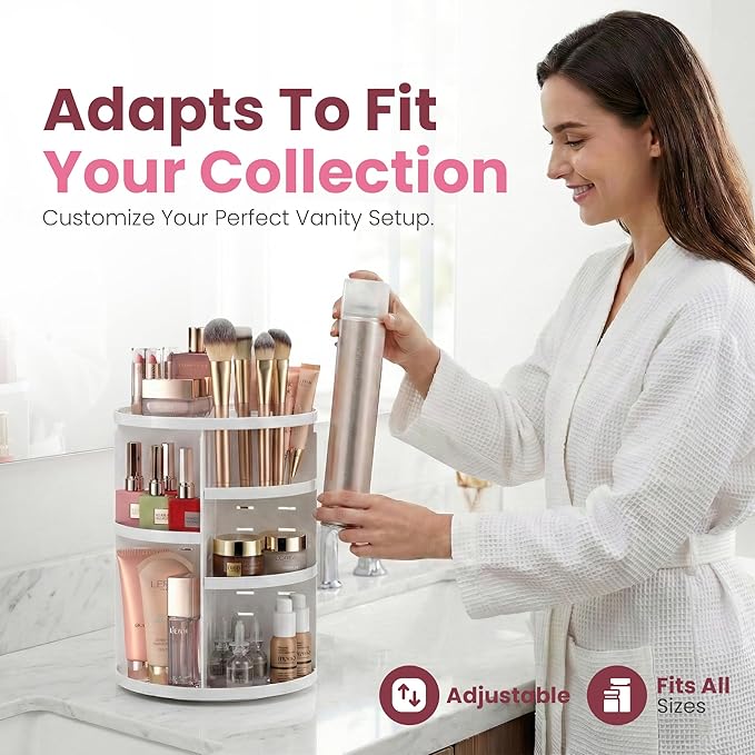 Masirs 360 Rotating Makeup Organizer for Vanity, Adjustable Shelf Height, Large Capacity Cosmetic and Skincare Storage, Lazy 
