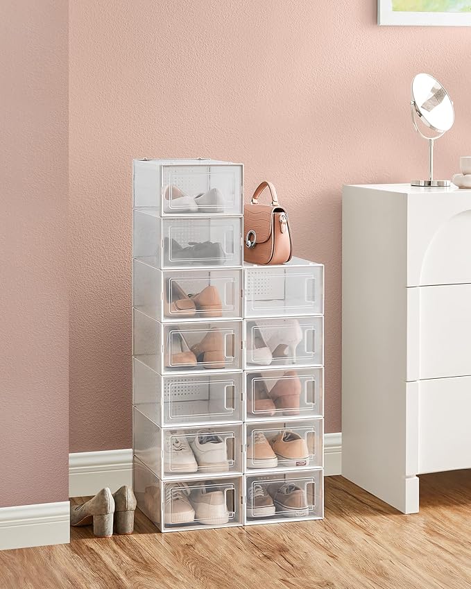 SONGMICS Shoe Boxes, Pack of 12 Shoe Storage Organizers, Stackable Clear Plastic Boxes for Closet, Sneakers, 13.1 x 9.1 x 5.6