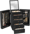 Meangood Jewelry Box Wood for Women, 5-Layer Large Organizer Box with Mirror & 4 Drawers for Rings, Earrings, Necklaces, Blac