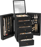 Meangood Jewelry Box Wood for Women, 5-Layer Large Organizer Box with Mirror & 4 Drawers for Rings, Earrings, Necklaces, Blac