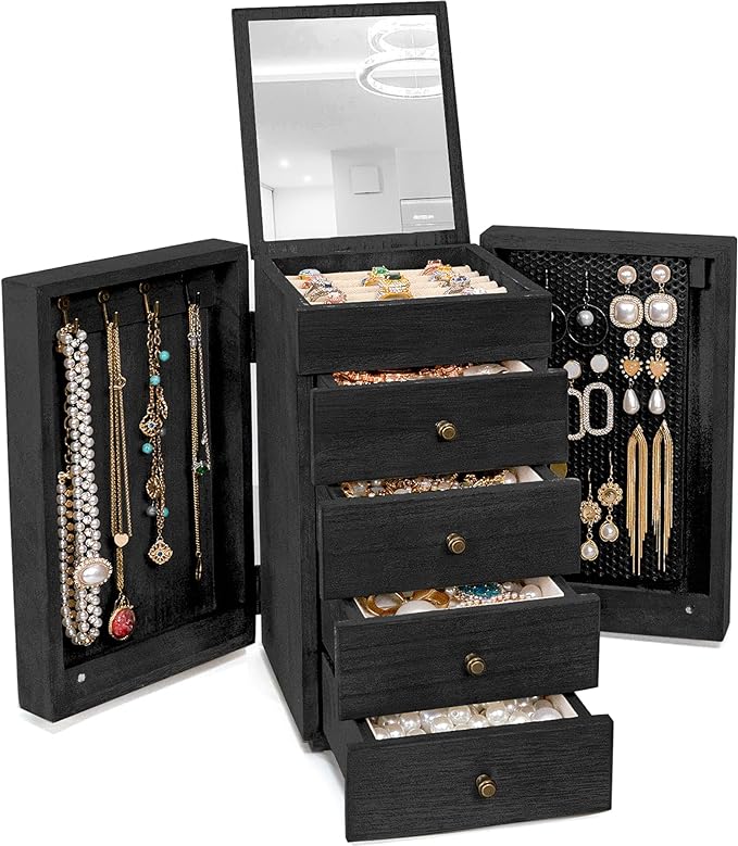 Meangood Jewelry Box Wood for Women, 5-Layer Large Organizer Box with Mirror & 4 Drawers for Rings, Earrings, Necklaces, Blac