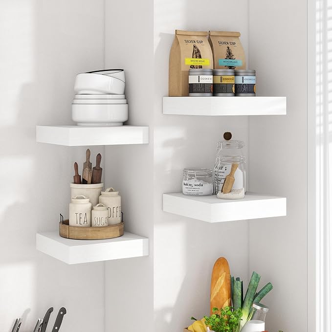 Axeman Square Floating Shelves for Wall, 8" W x 8" D x 1.4" H Rustic Wooden Shelves, 4 Pack Wall Mounted Floating Shelf with 