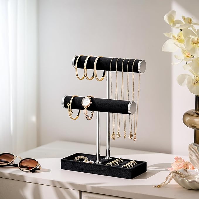 bussdis 2 Tier Bracelet Holder Display - Detachable T Bar Black and Silver Velvet Bracelet Holder, Jewelry Holder Organizer f