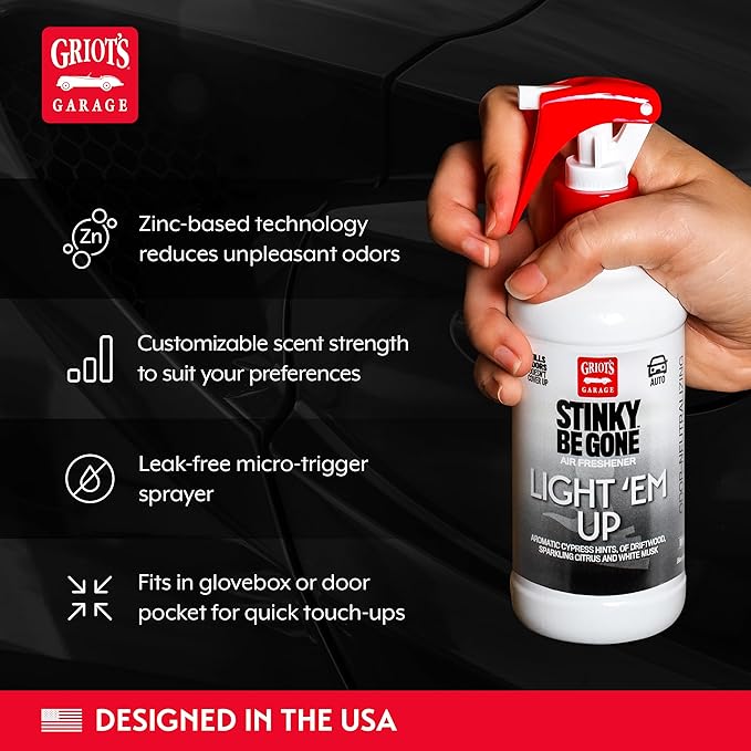 Griot's Garage Stinky-Be-Gone Light 'Em Up Air Freshener Spray – Odor Remover for Cars, Trucks, and SUVs on Carpets, Floor Ma