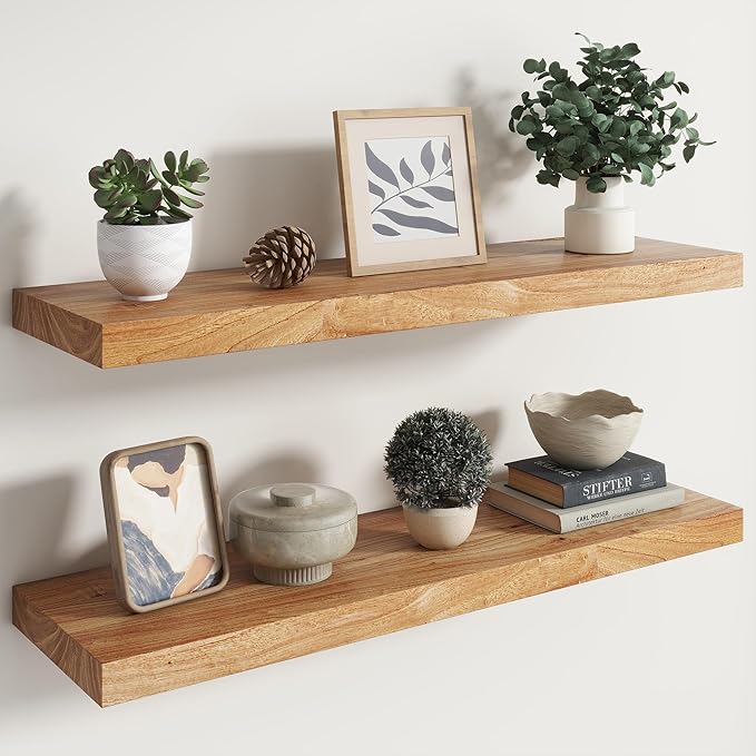 RICHFOCUS Elm Floating Shelves for Wall - 36" W x 9.3" D Rustic Solid Wood Shelves with Invisible Bracket, Wall-Mounted for L