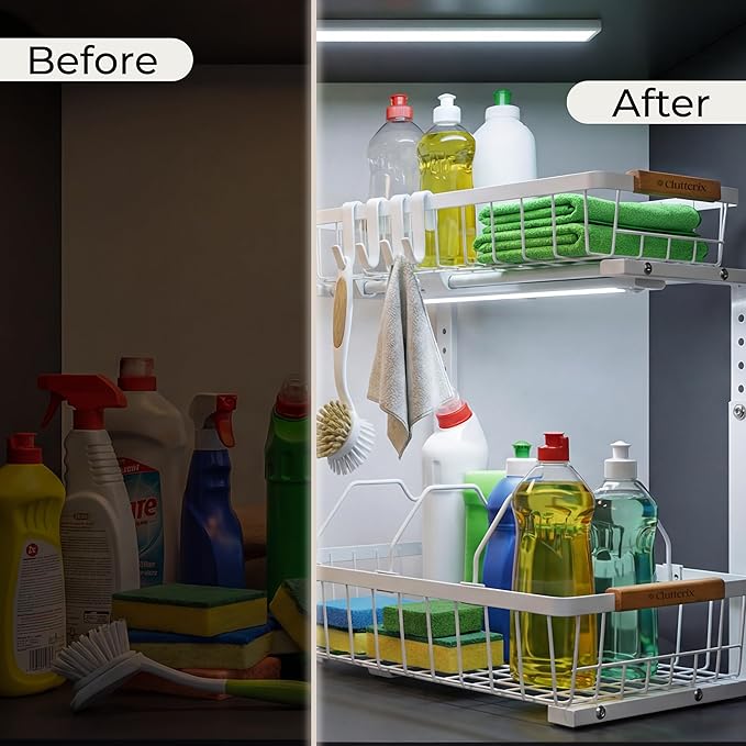 Under Sink Organizer, 2 Pack, 2 Tier Sliding L-Shaped Carbon Steel Rack with Adjustable Height, Motion-Activated LED Lights, 