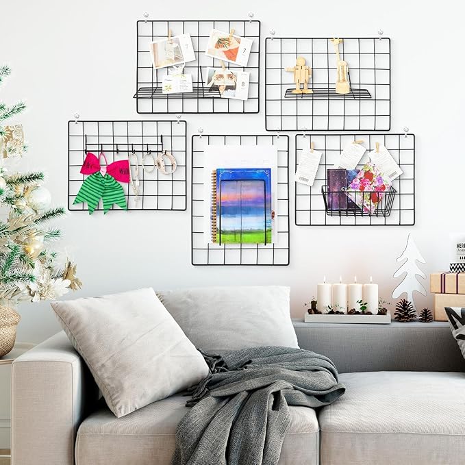 6 Pack 16 x 12 Inch Black Wall Grid Wire Panel with Accessories 1 Black Hanging Wire Basket, 1 Shelf, 1 Hook Rack, 2 Letter S