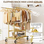 HYSEYY Heavy Duty Clothes Rack, Rolling Clothing Racks With Shelves Load 620 LBS, Double Rod Clothing Racks for Hanging Cloth