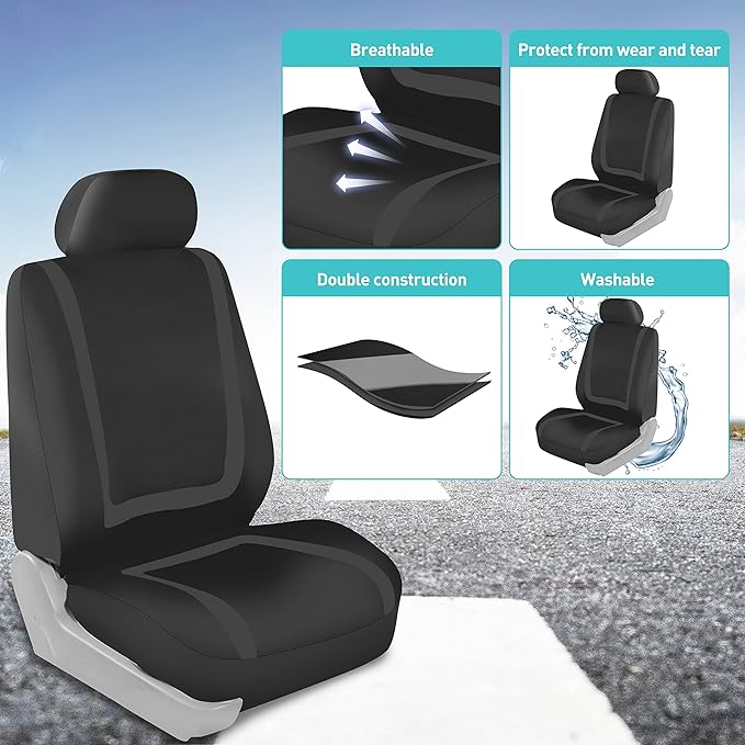 FH Group Unique Flat Cloth Full Set Car Seat Covers w. Silicone Steering Wheel Cover- Universal Fit for Most Cars, Trucks, SUVs or Vans (Black)