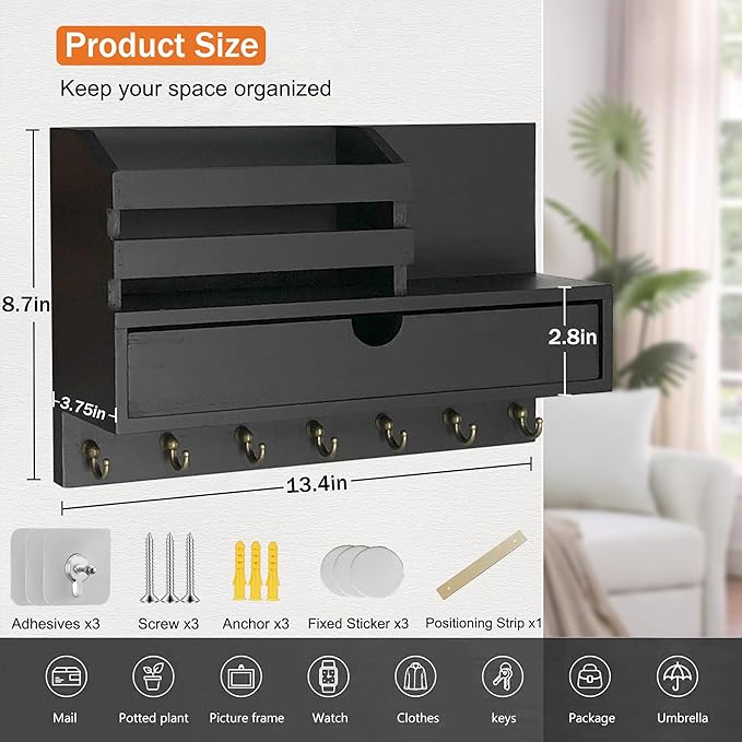 dreampossible Key and Mail Holder for Wall, Mail Organizer Wall Mount with 6 Hooks and Storage Drawer, Wooden Key Rack Hanger