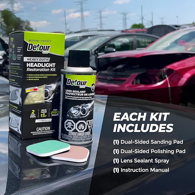 Detour Heavy Duty Headlight Restoration Kit - 2 Easy Steps to Professionally Restore Yellowed and Clouded Plastic Headlights,