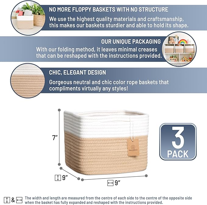 NaturalCozy Storage Cubes 9”x9”x7”Cotton Rope Woven Baskets for Organizing 3-Pack | 9 Inch Cube Storage Bin | Small Basket fo