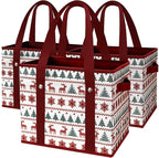 Reusable Grocery Bags 3 Pack - Heavy Duty Reusable Shopping Bags with Hard Bottom & Long Handles, Stand Up Grocery Boxes Reusable Foldable, 13x10.23x11in, Reindeers