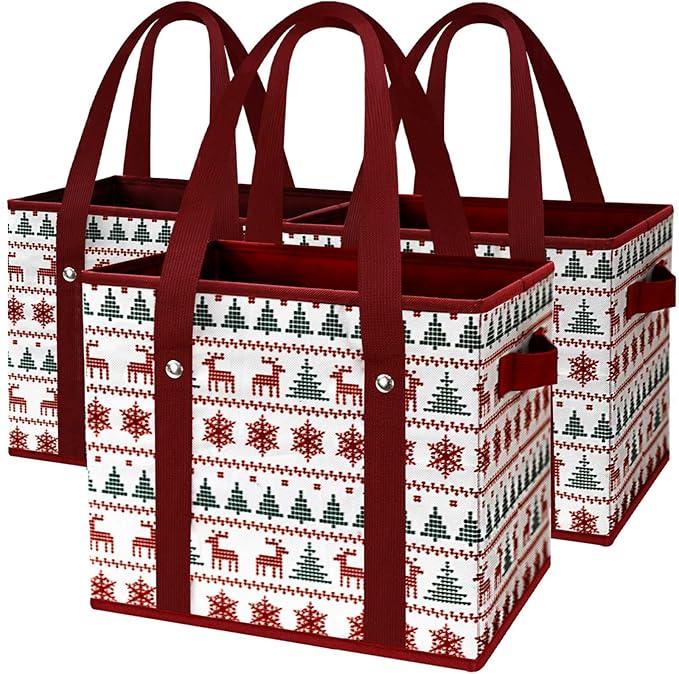 Reusable Grocery Bags 3 Pack - Heavy Duty Reusable Shopping Bags with Hard Bottom & Long Handles, Stand Up Grocery Boxes Reusable Foldable, 13x10.23x11in, Reindeers