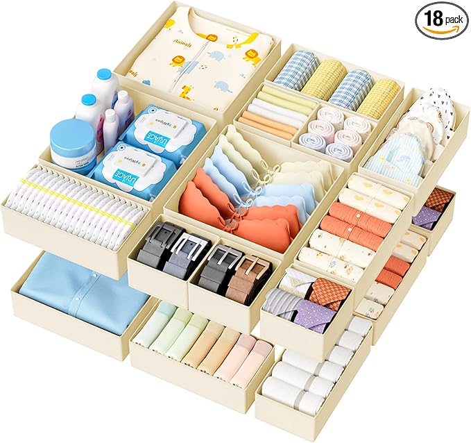 DIMJ Drawer Organizer Clothes - 18 Pack Closet Drawer Organizer Bins for Baby Clothes Storage, Fabric Dresser Organizer for N